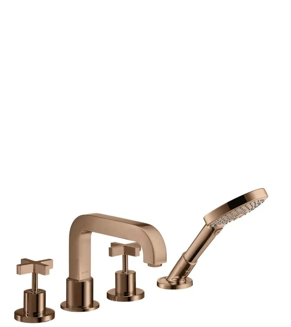 Vierteilige Badarmatur in Polished Red Gold mit Kreuzgriffen, hergestellt von AXOR. Enthält einen Wasserhahn und eine Handbrause.